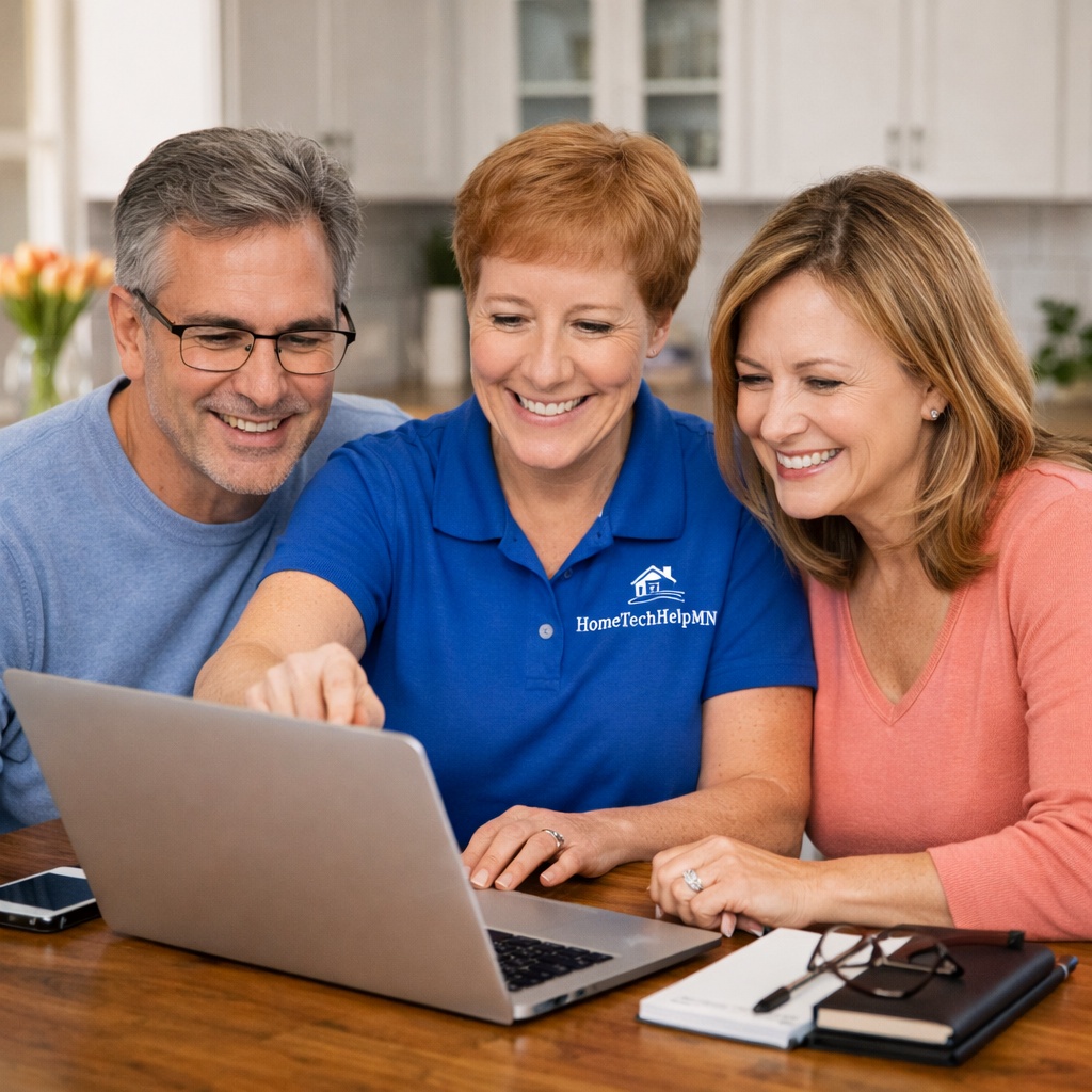 Home tech walkthrough — Lisa with clients at kitchen table